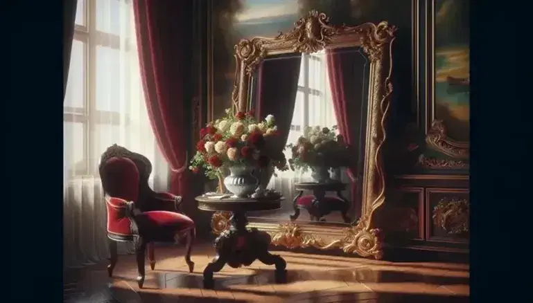 Espejo antiguo de pie con marco dorado tallado reflejando una habitación decorada lujosamente, junto a una silla de terciopelo rojo y una mesa con un jarrón de flores.