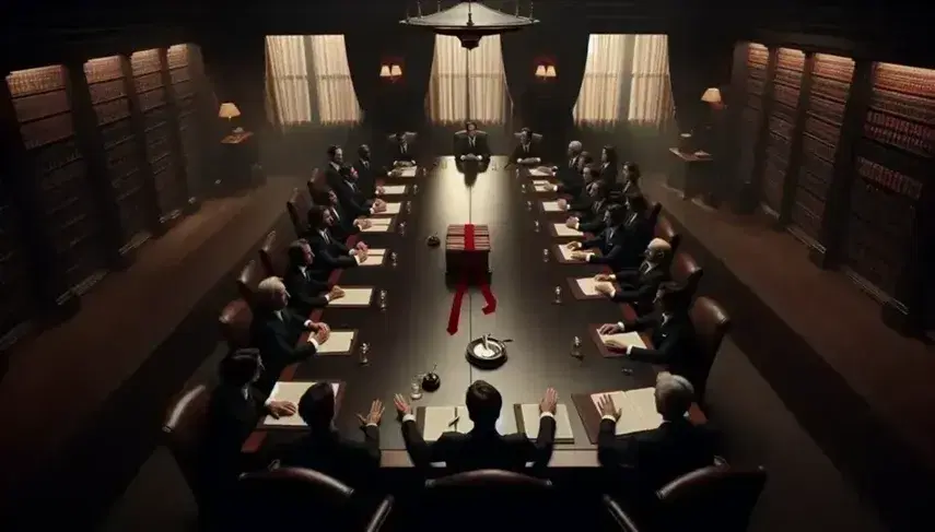 Gruppo di professionisti in abiti formali seduti attorno a un tavolo rettangolare con documenti legati da nastro rosso e penna d'argento, in un ambiente elegante.