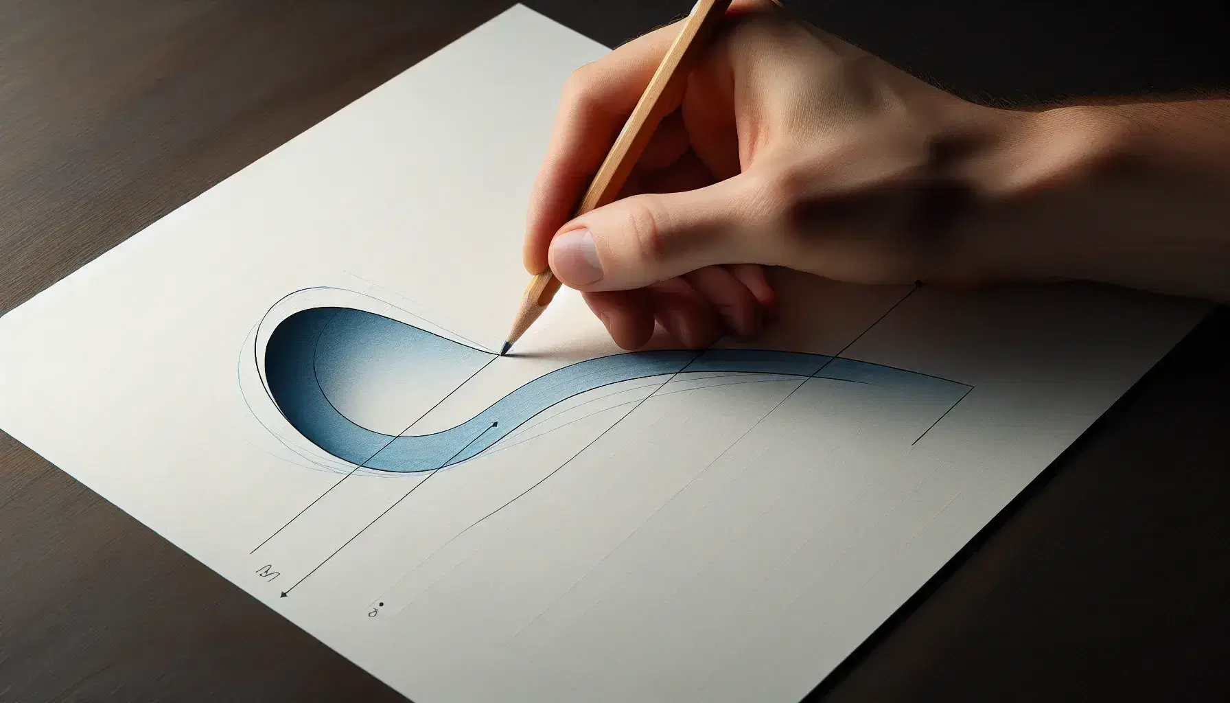 Mano che tiene una matita sopra un foglio con curva blu, pronta a tracciare una tangente al punto di massima pendenza.