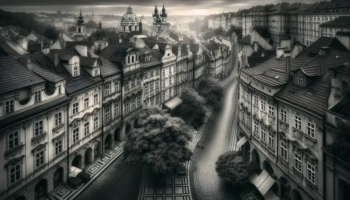 Quaint European cityscape with cobblestone streets, baroque buildings, and a leafy tree canopy, evoking a timeless, serene atmosphere.