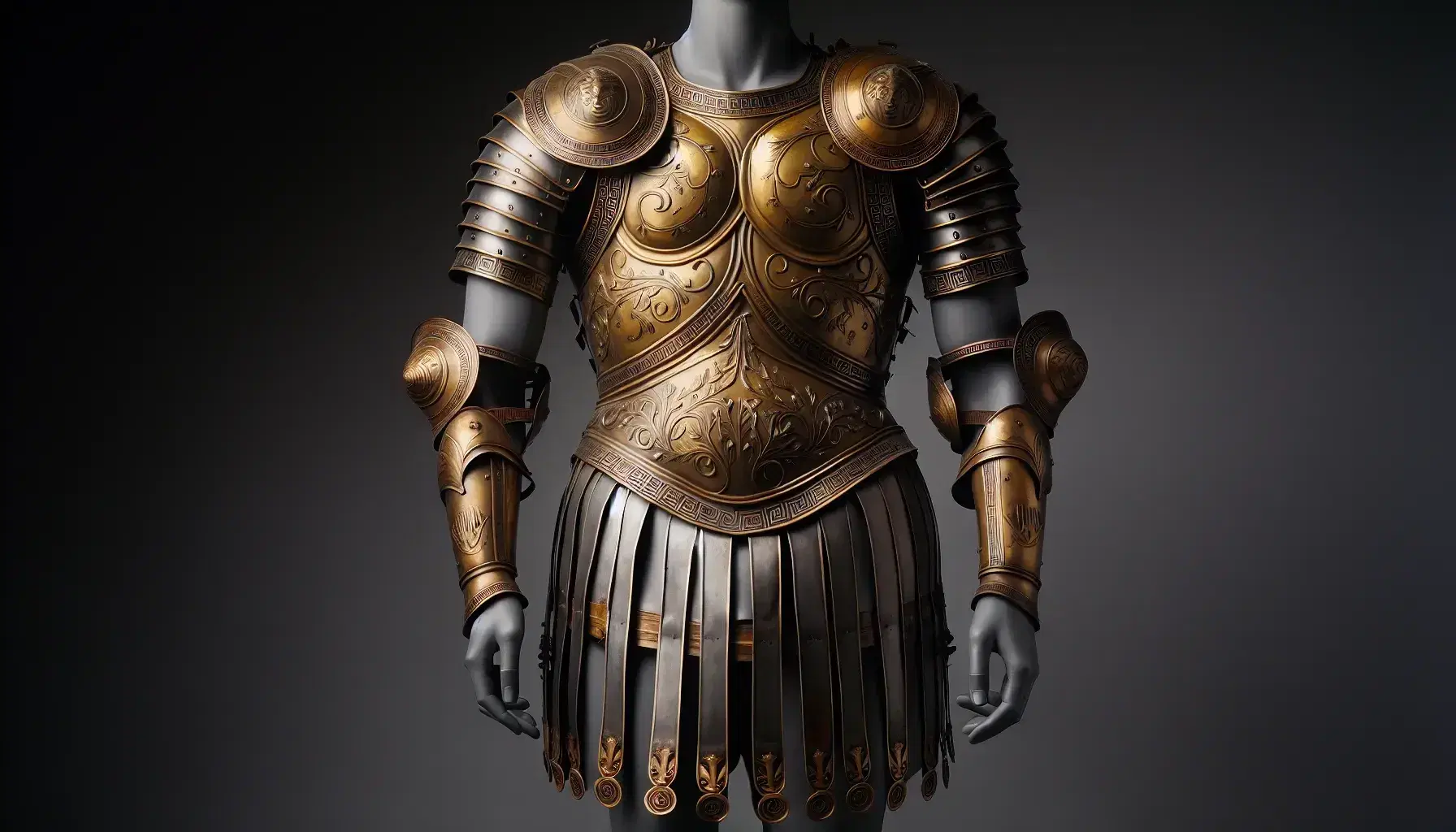 Manichino con armatura greca omerica in bronzo, elmo con cresta e maschera facciale, scudo rotondo decorato e gambali anatomici.