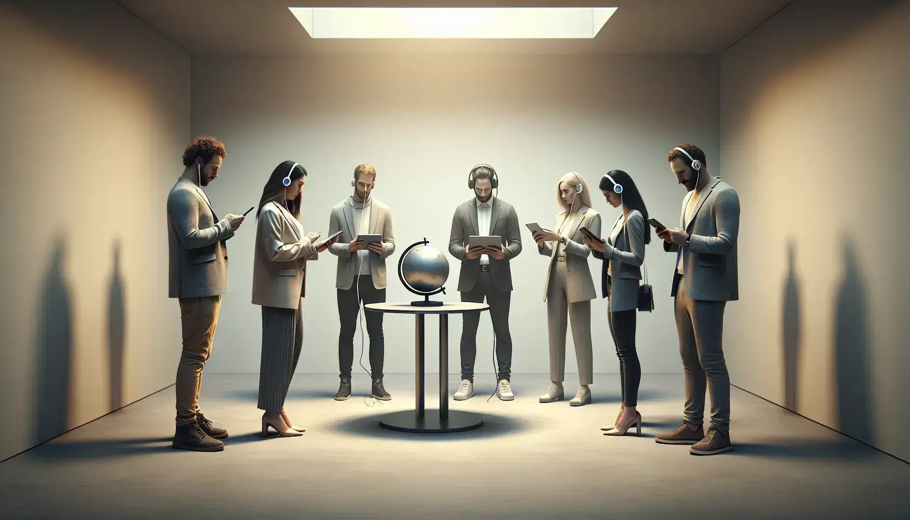 Grupo de cinco personas con dispositivos tecnológicos en un aula interactuando alrededor de una mesa con un globo, reflejando comunicación y colaboración.