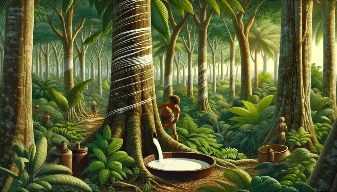 Paisaje selvático con árbol en primer plano donde se recolecta látex en un cuenco, y figura humana trabajando en la extracción entre la vegetación.