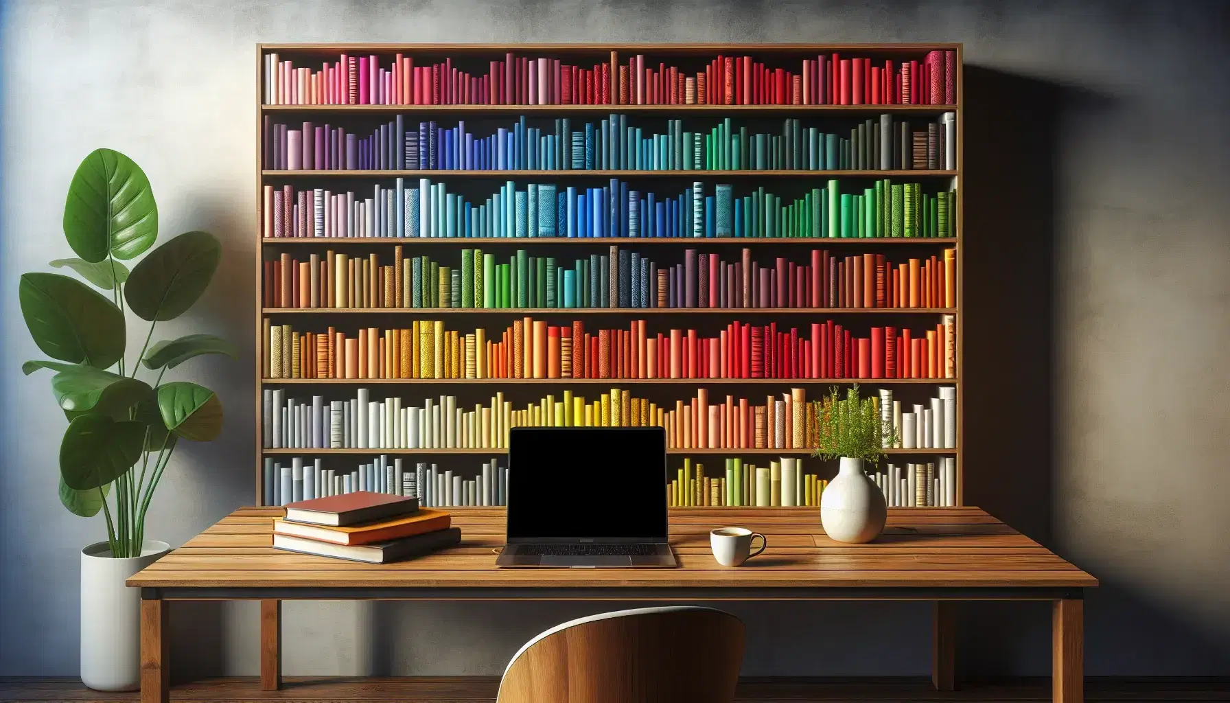Wooden bookcase with colorful books in rainbow gradient, desk with laptop and cup of coffee, wall clock, plant and window with blue sky.
