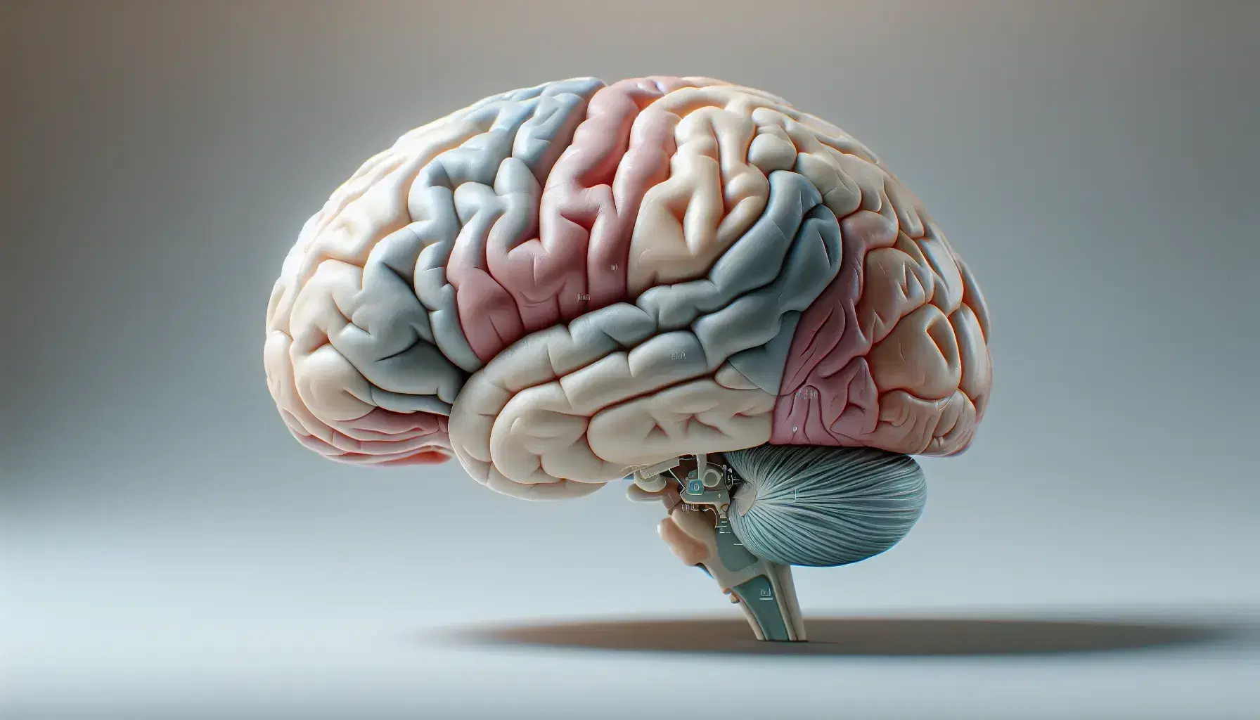 Modelo anatómico detallado del cerebro humano en vista lateral, mostrando regiones y lóbulos en tonos suaves y cisternas cerebrales en azul claro.