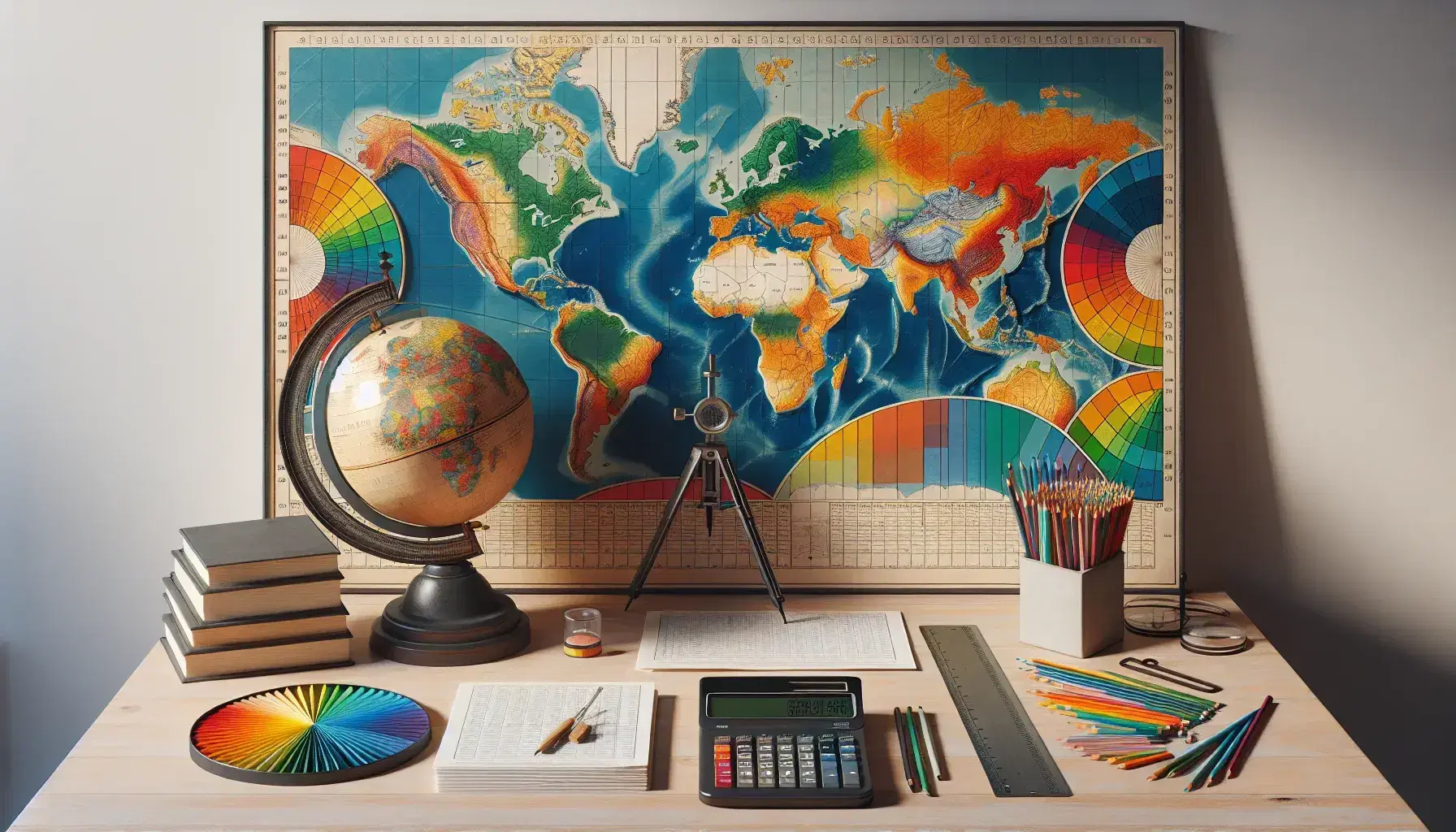 Scrivania in legno con mappa geografica colorata, globo senza etichette, diagrammi a torta, righello, compasso, calcolatrice e matite colorate.