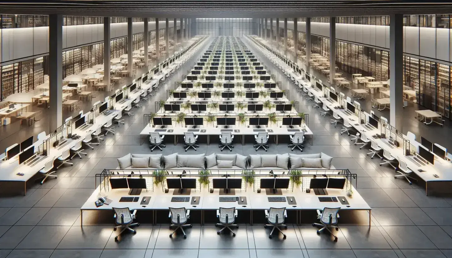 Vista aérea de una oficina moderna con filas de mesas y sillas ergonómicas, monitores de computadora, área de descanso central y plantas decorativas, iluminada por luz natural y paneles de techo.