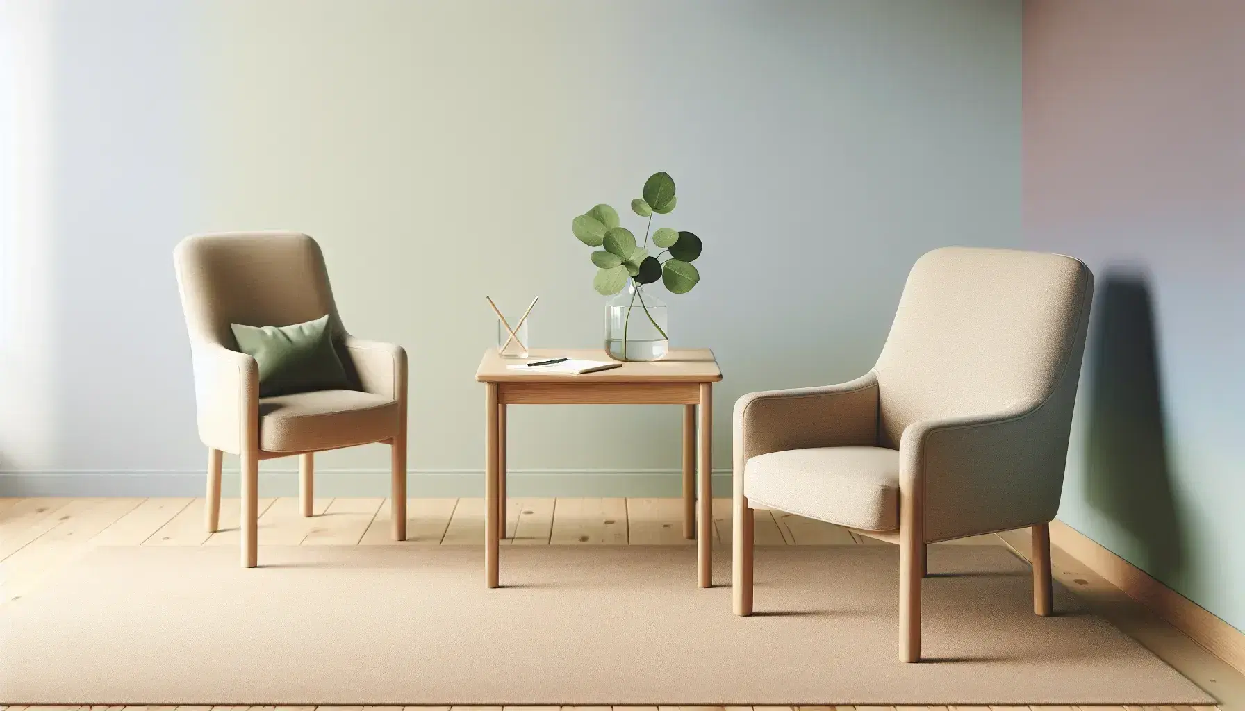 Relaxing therapy environment with beige armchair, wooden desk with green plant and notepad, pastel wall without decorations.