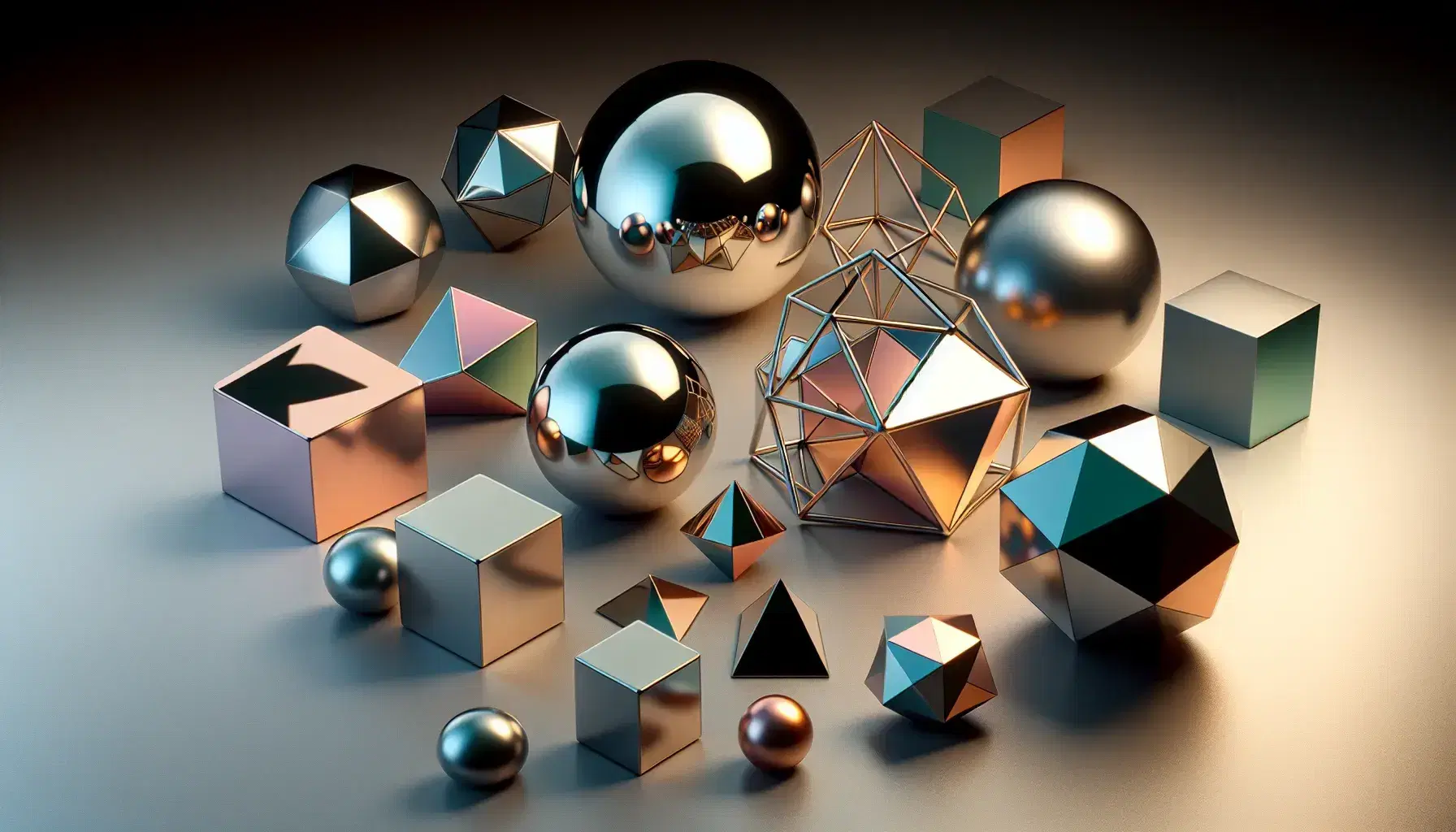 Reflective metallic geometric shapes including a sphere, cube, tetrahedron, octahedron, dodecahedron, and icosahedron on a matte surface.