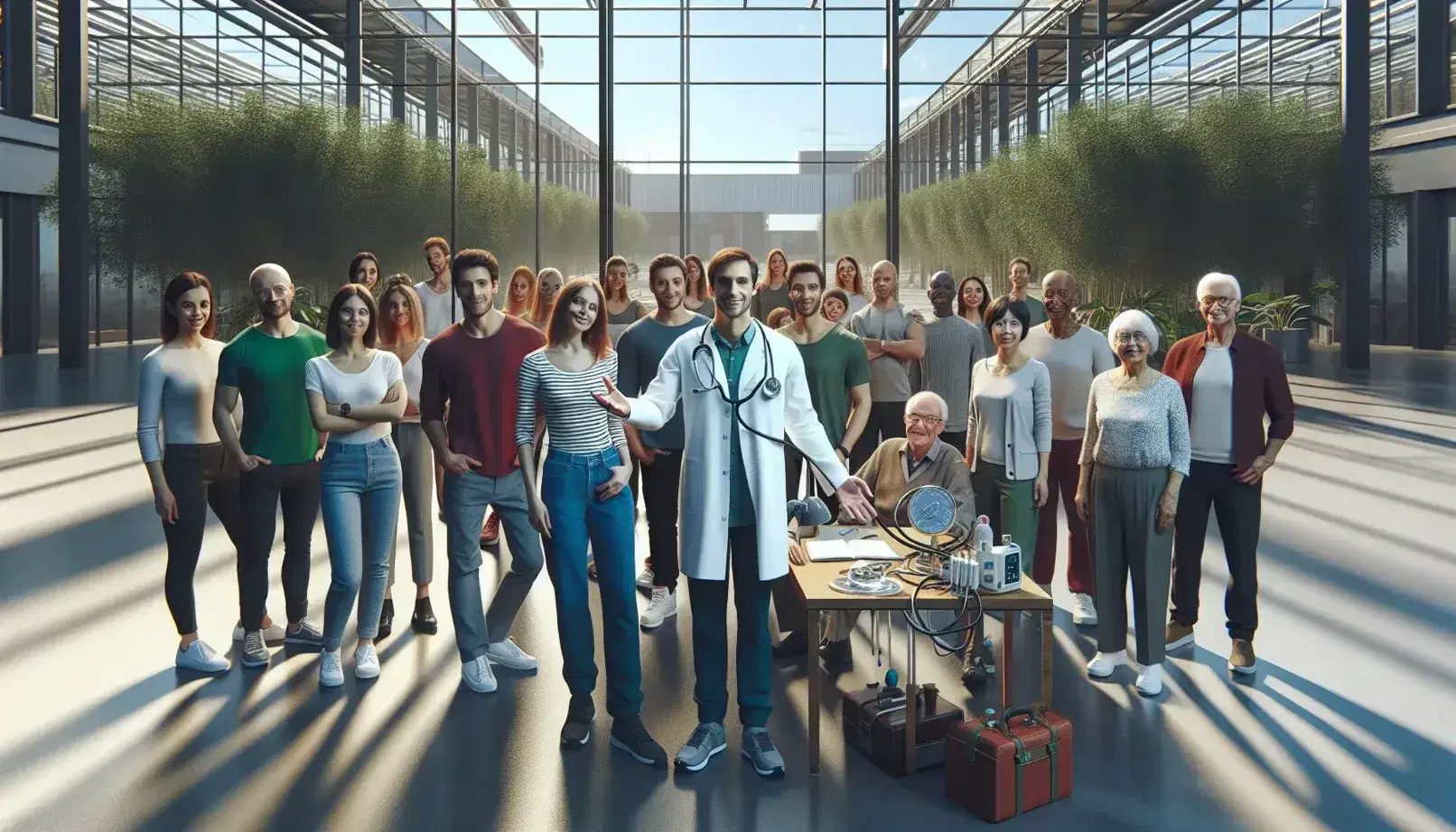 Grupo diverso de personas sonriendo con profesional de la salud en espacio abierto, con árboles y edificio con ventanas al fondo, y mesa con instrumentos médicos en primer plano.