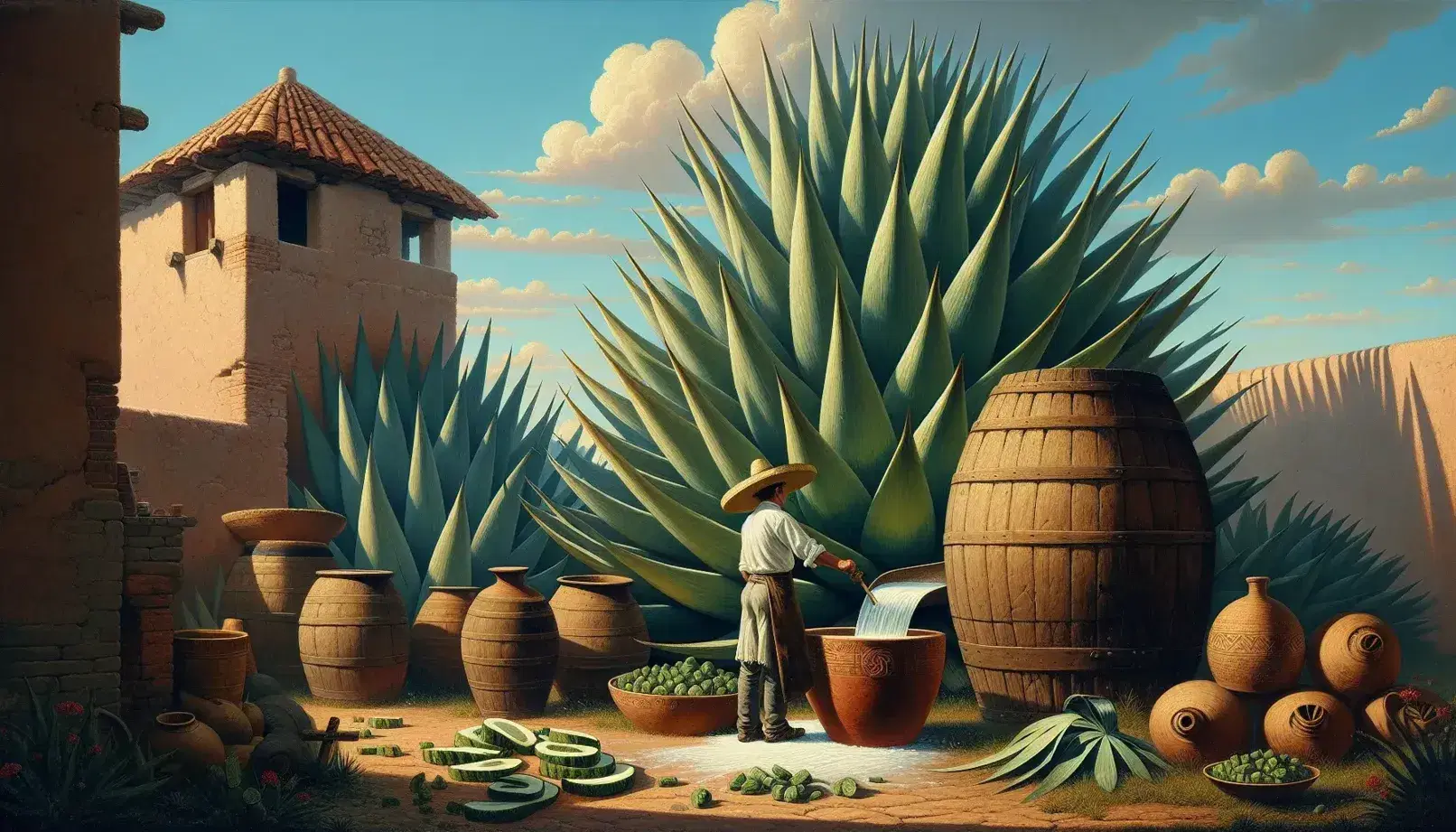 Hombre junto a maguey extrayendo aguamiel con acocote, cerca de olla de barro con pulque y barriles bajo cielo azul.