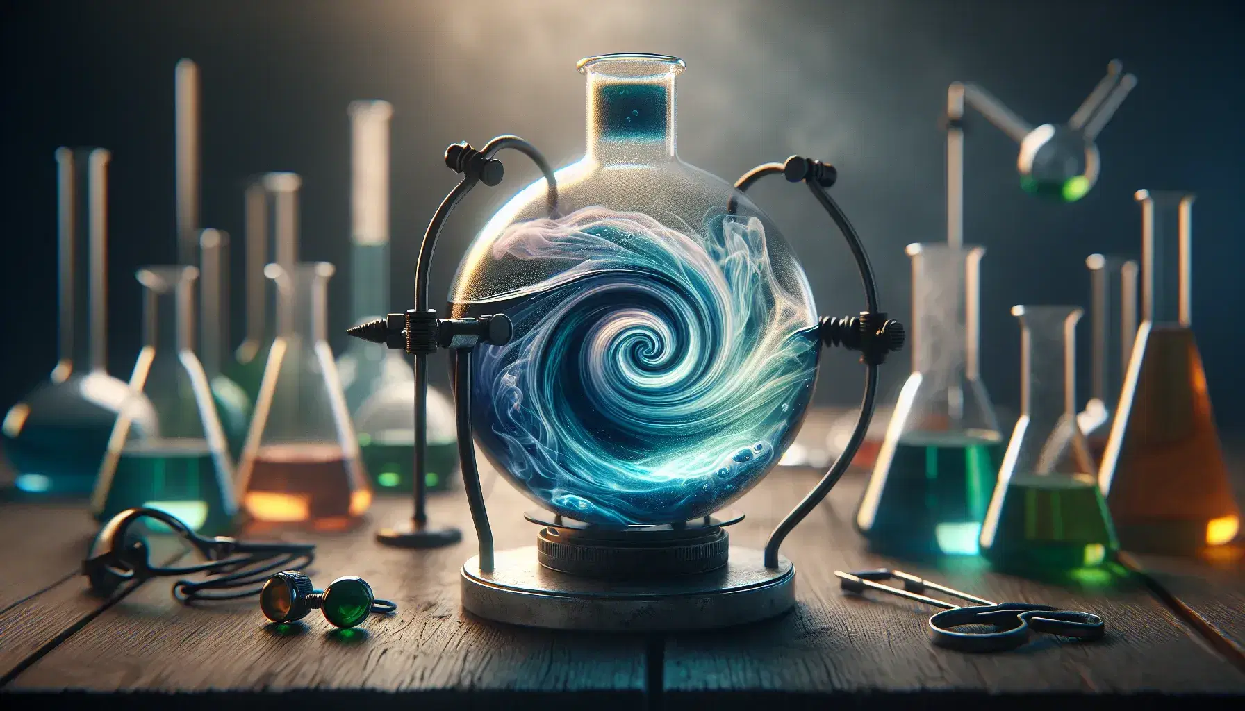 Clear glass flask with swirling deep blue liquid on a wooden table, heated by a Bunsen burner, with safety goggles and colored beakers in the background.
