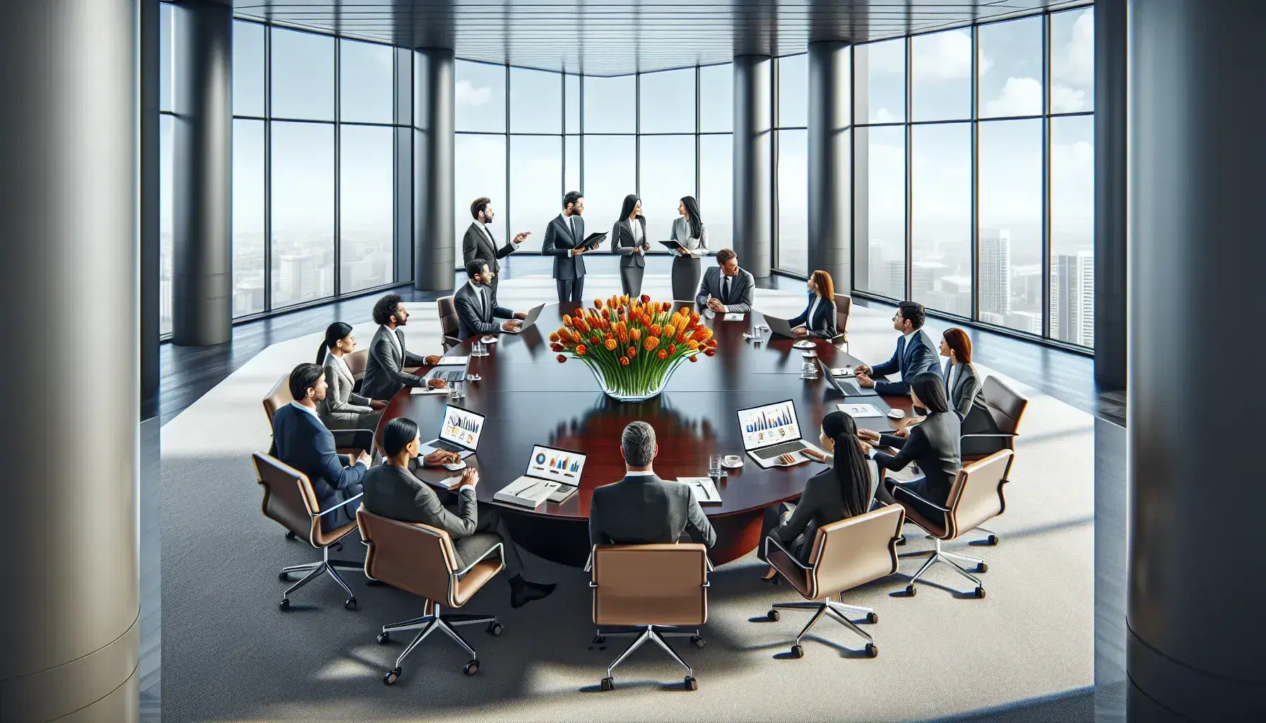 Modern, bright office with multi-ethnic professionals around a mahogany oval table, laptop with charts, vase of colorful tulips.