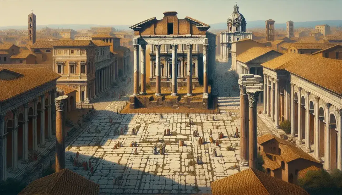 Ricostruzione artistica del Foro Romano nell'epoca della Repubblica con il Tempio di Saturno, la Basilica Julia e l'Arco di Settimio Severo.