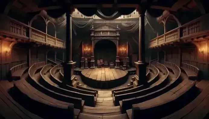 Softly lit Elizabethan theater with protruding stage, empty wooden pews, round columns, carved throne and swords.