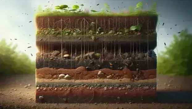 Sección transversal del suelo mostrando vegetación en la capa superior, raíces y fauna del suelo como lombrices, con estratos de tierra de distintos colores y texturas.