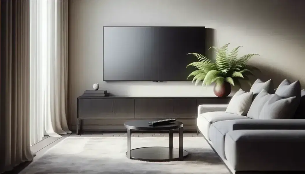 Contemporary living room with mounted flat-screen TV, dark wooden media console with red vase and ferns, glossy white coffee table, gray sofa, and abstract wall art.