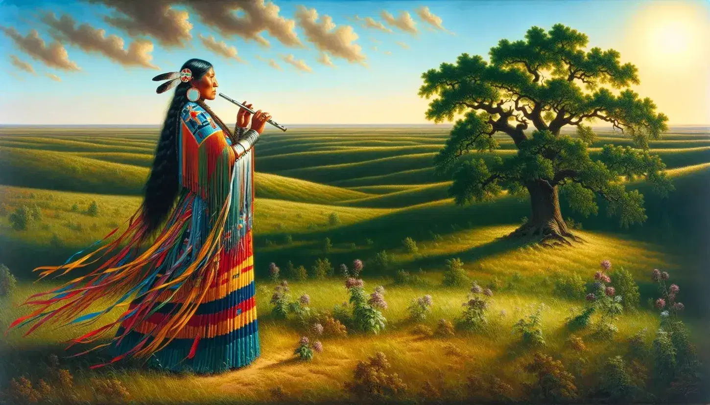 Native American woman in traditional regalia plays a silver flute in the Oklahoma plains, with green hills and a lone oak tree under a blue sky.