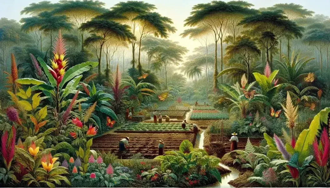 Bosque tropical con personas trabajando en huerto, mariposas en flores coloridas y arroyo serpenteante bajo cielo despejado.