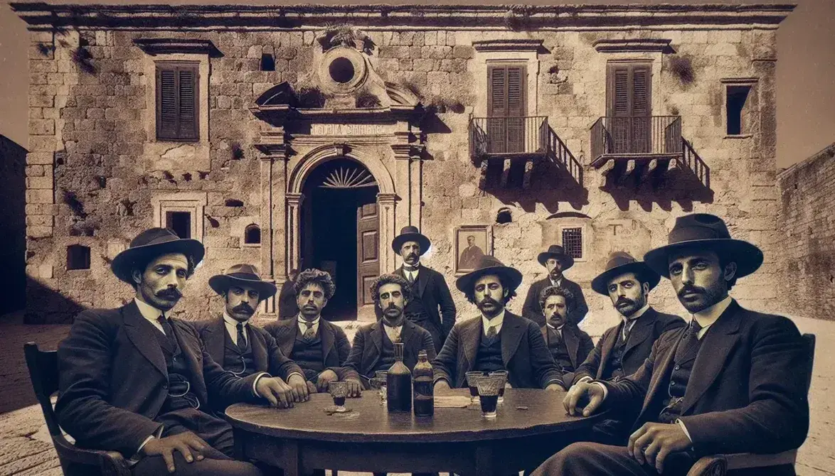 Gruppo di uomini in abiti d'epoca davanti a edificio in pietra siciliano, con tavolo, bicchieri e bottiglia in primo piano.