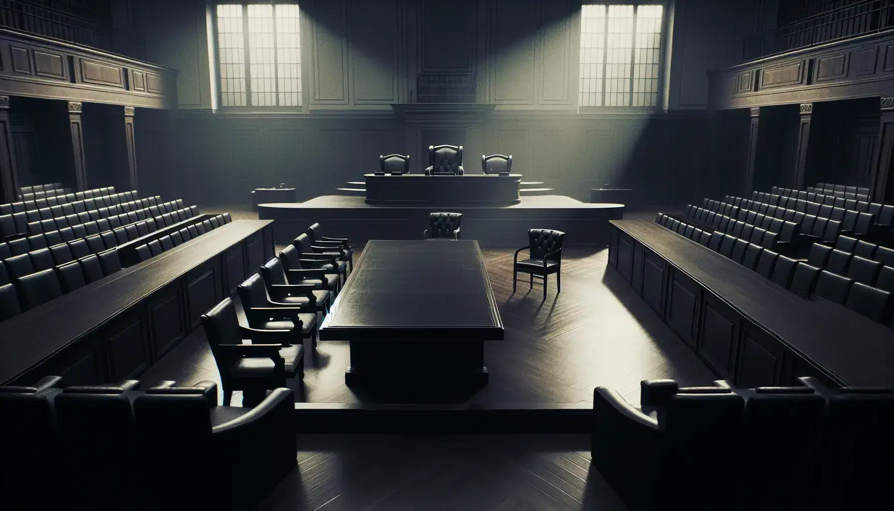 Dimly lit vintage courtroom with a central tribunal table, ornate judge's chair, empty wooden benches, solitary microphone, and high-beamed ceiling.