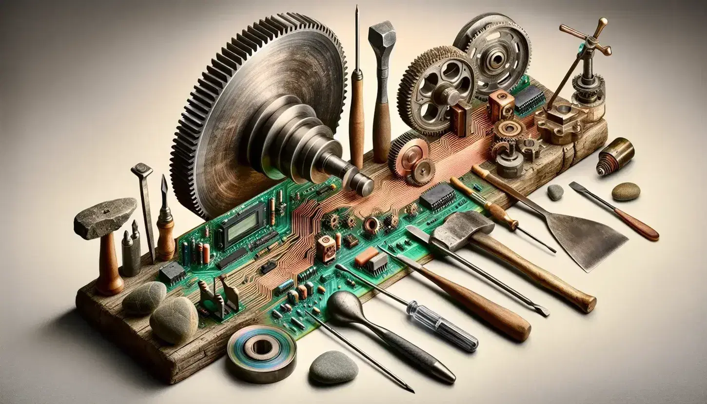 Evolución de herramientas y tecnología con martillo de piedra, cincel de bronce, sierra de hierro, destornillador moderno, engranaje metálico y circuito impreso.
