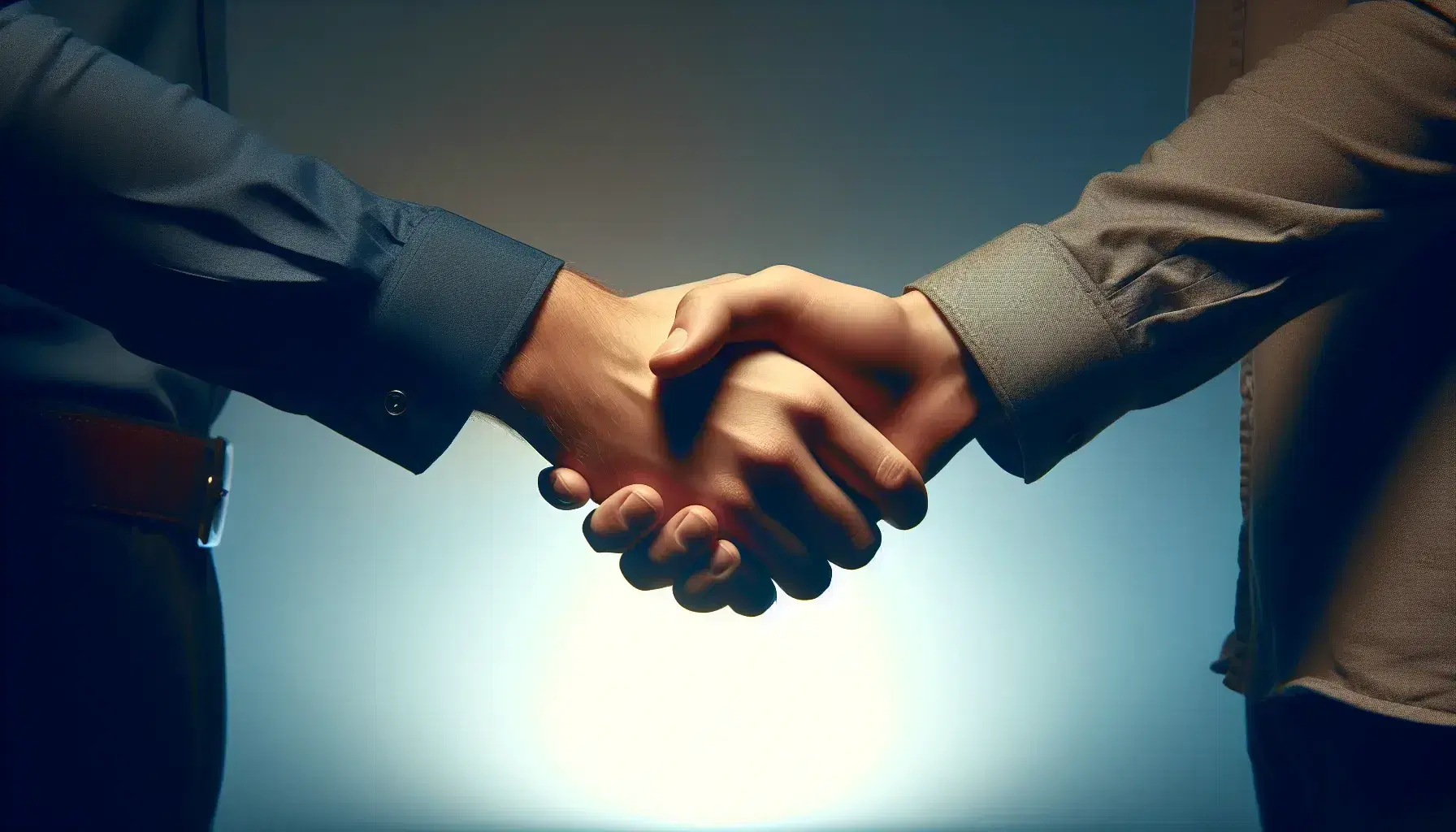 Stretta di mano tra due professionisti su sfondo sfumato blu-bianco, maniche scure e chiare indicano contesto formale.