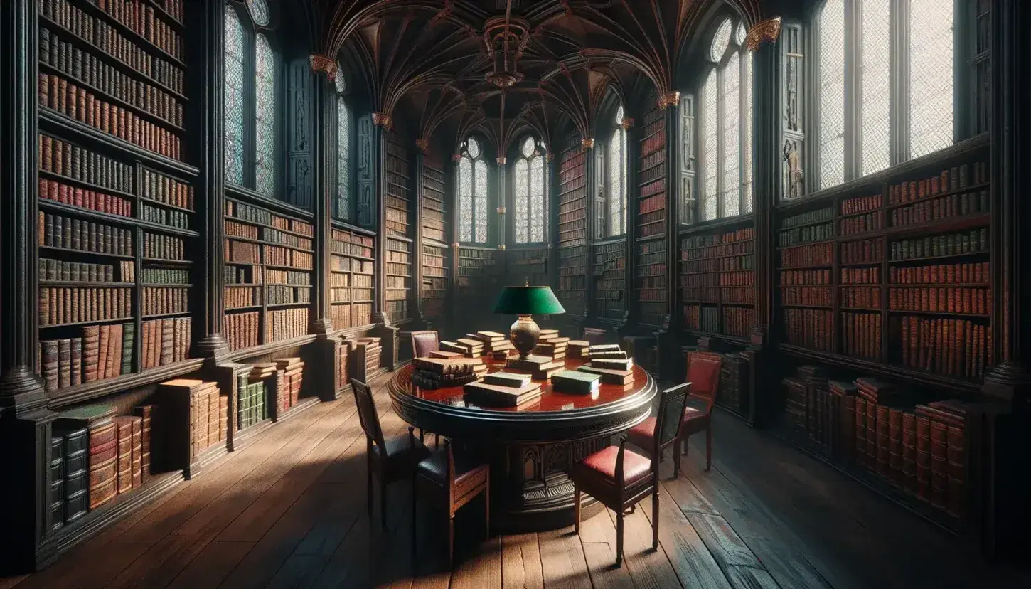Biblioteca antica con scaffali in legno scuro pieni di libri rilegati, tavolo ovale centrale con libri aperti e lampada, sedie imbottite e finestre ad arco.
