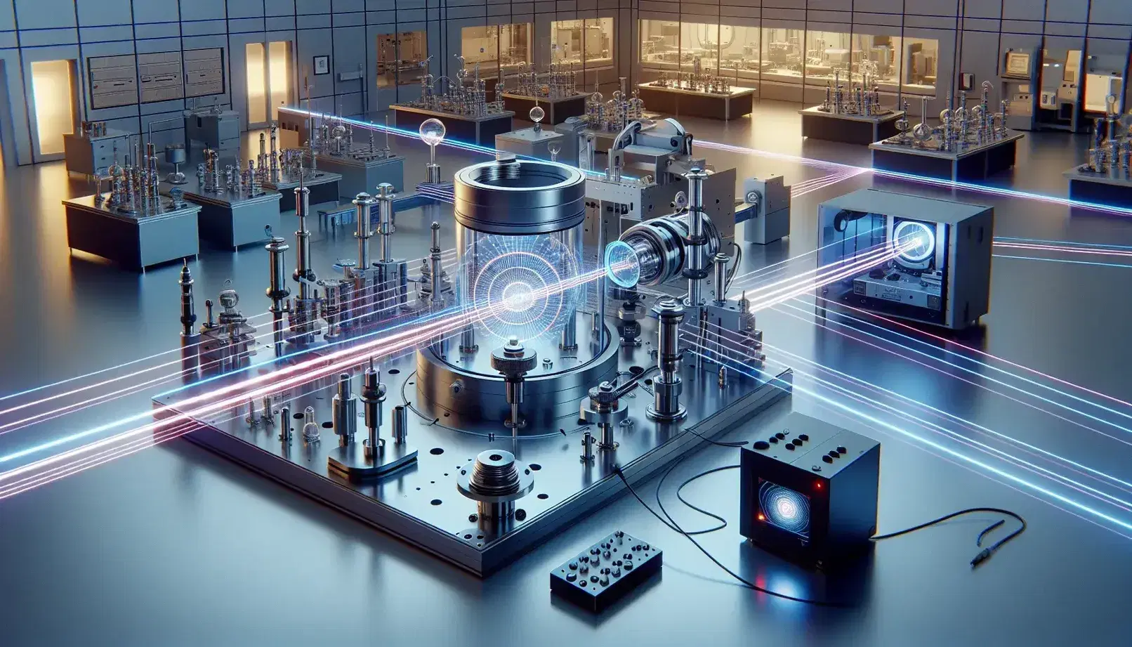 Quantum electrodynamics laboratory with optical tables, lasers, mirrors, lenses and vacuum chamber for experiments with cooled atoms.