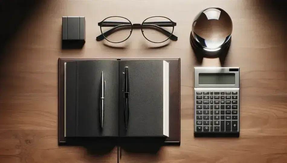 Tidy desk with open book, crystal ball on wooden stand, black glasses, black fountain pen and silver calculator on walnut background.