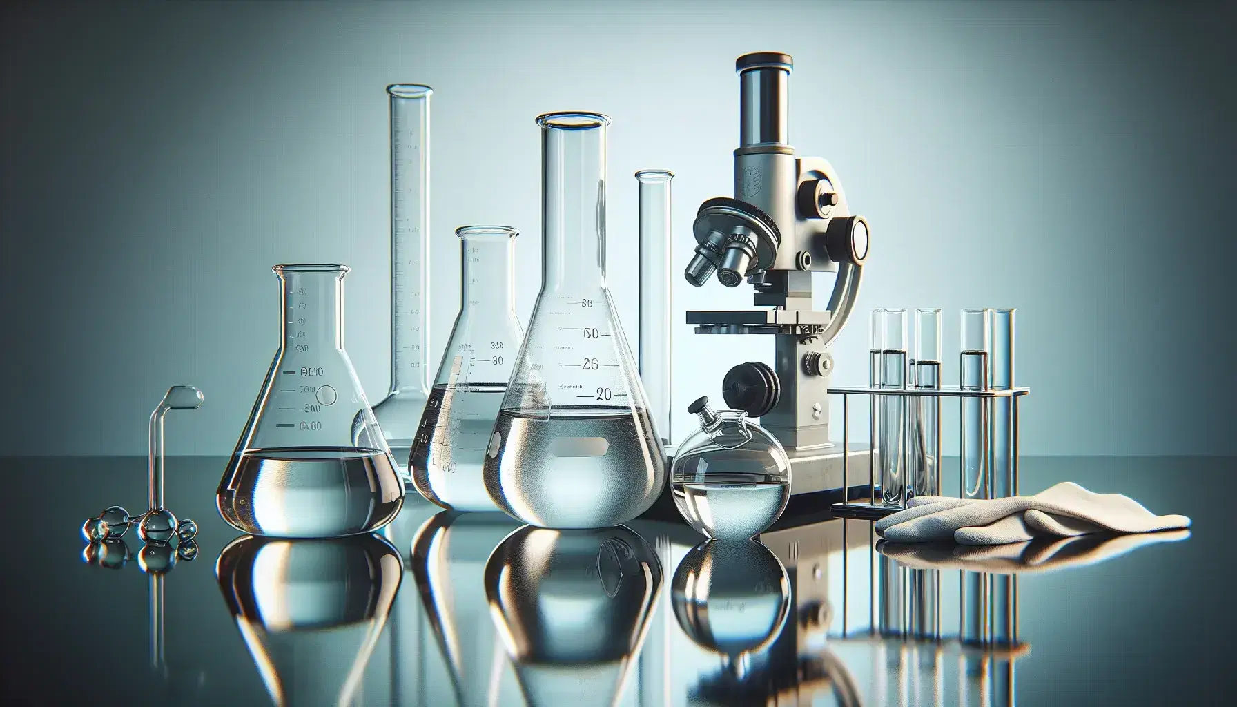 Glass bottle with colorless liquid on reflective surface, surrounded by laboratory glassware and polarimeter ready to use.