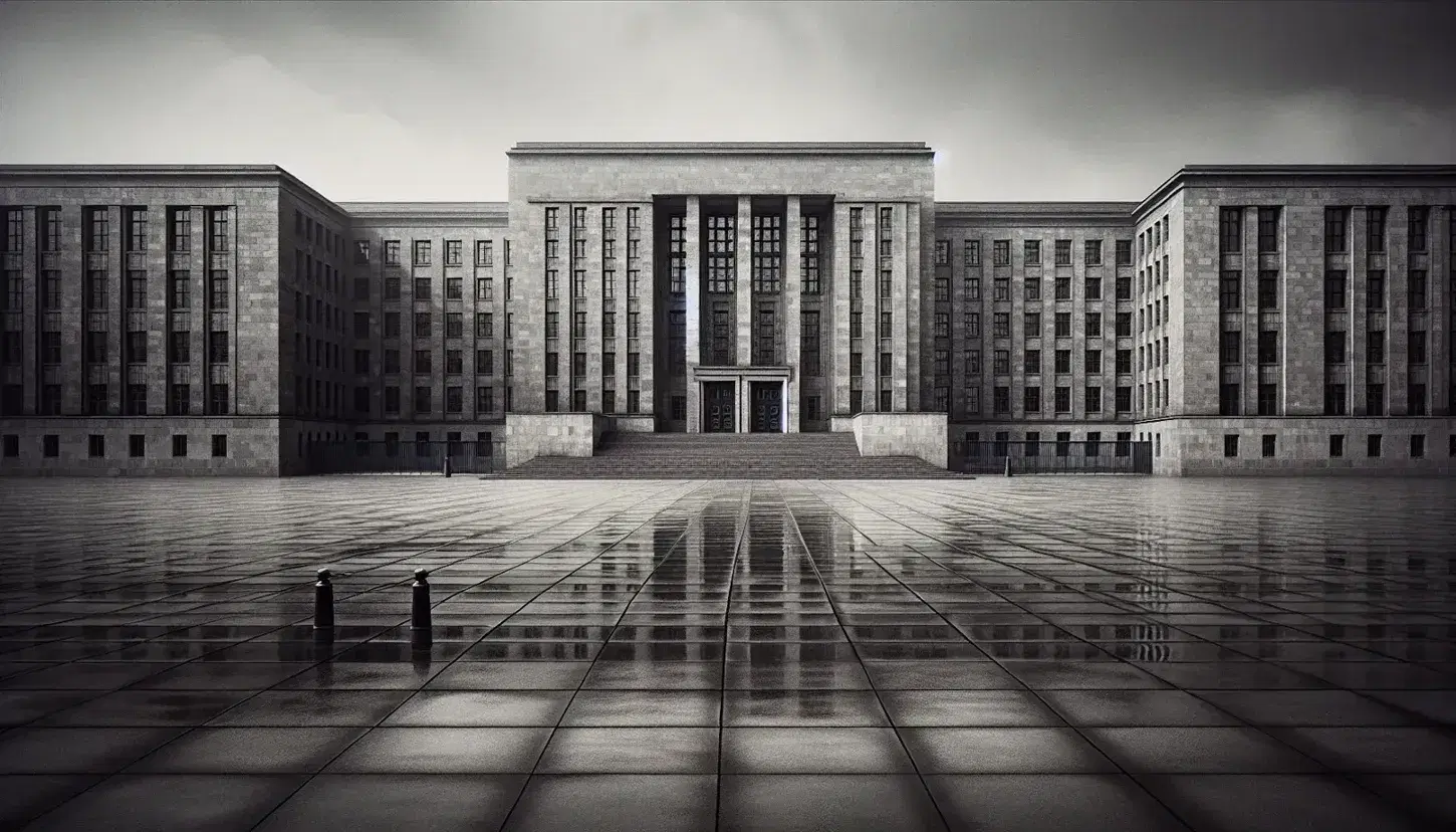 Stately grey stone government building with tall windows, large wooden doors, and a flagless pole, surrounded by an iron fence under overcast skies.