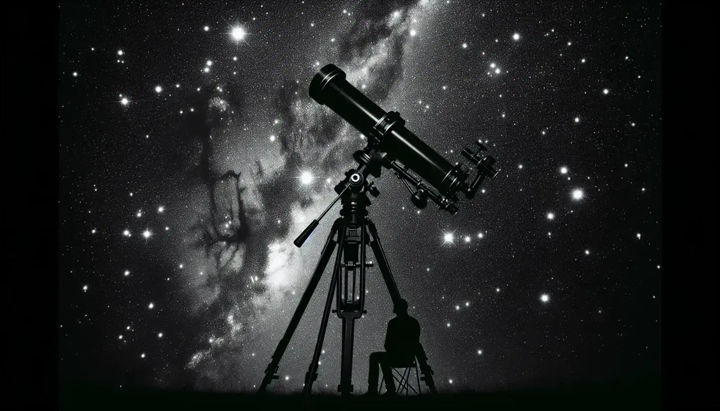 Cielo notturno stellato con costellazione centrale, telescopio astronomico su treppiede e figura umana in contemplazione.