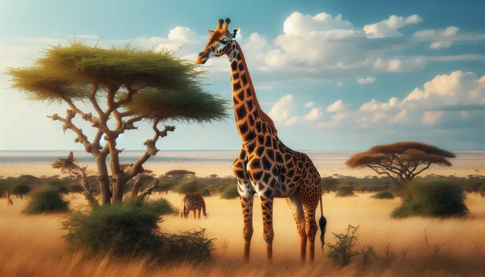Jirafa adulta alimentándose de un árbol de acacia en la sabana africana, con una cría a su lado y fondo de cielo azul con nubes.