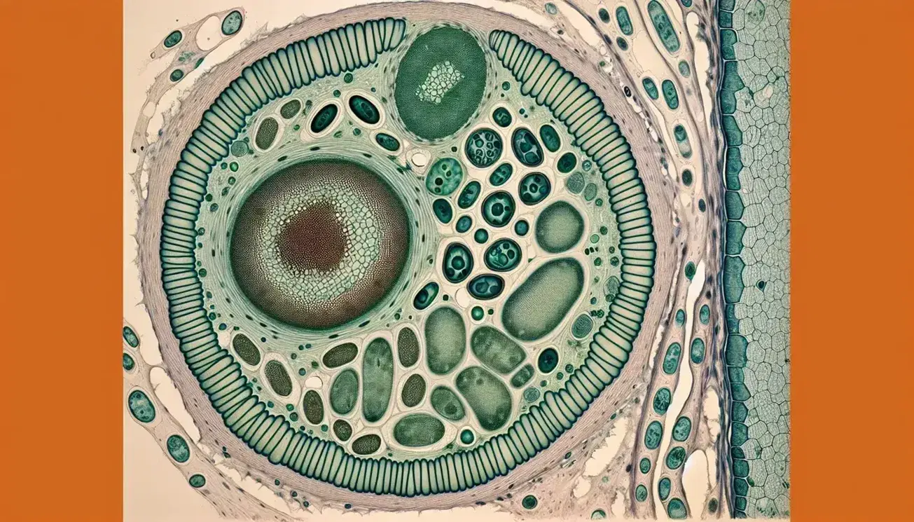 Vista microscópica de tejido vegetal con células eucariotas, paredes celulares definidas, núcleo prominente y cloroplastos, junto a tejido muscular animal y Daphnia acuática.