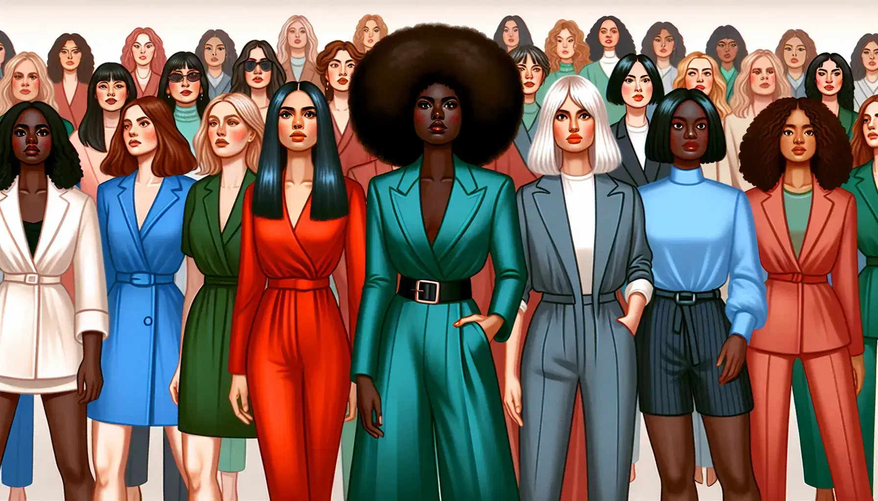 Diverse group of women in solidarity, featuring a dark-skinned woman with an afro in red, a blonde in a blue suit, and a silver-haired woman in green.