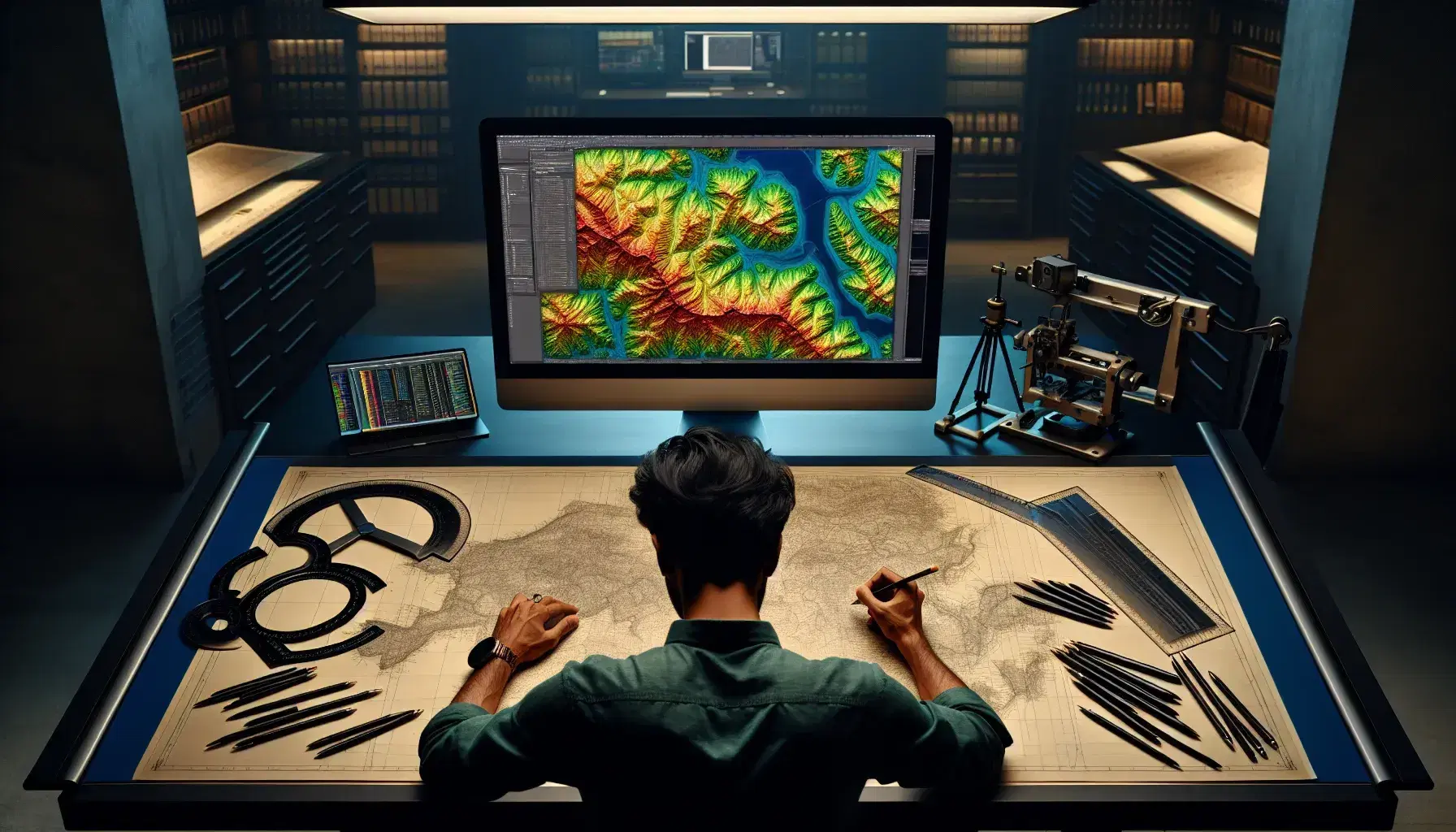 South Asian man sitting at a modern drawing table, with precision tools and monitor with colorful topographic map, in bright environment.