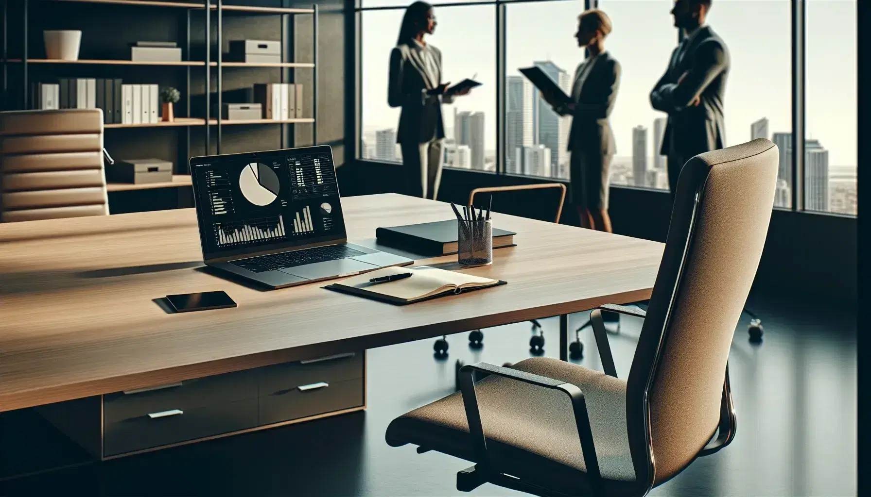 Oficina moderna y espaciosa con mesa de trabajo, portátil abierto, silla ergonómica y dos personas desenfocadas al fondo, grandes ventanas con vista urbana.
