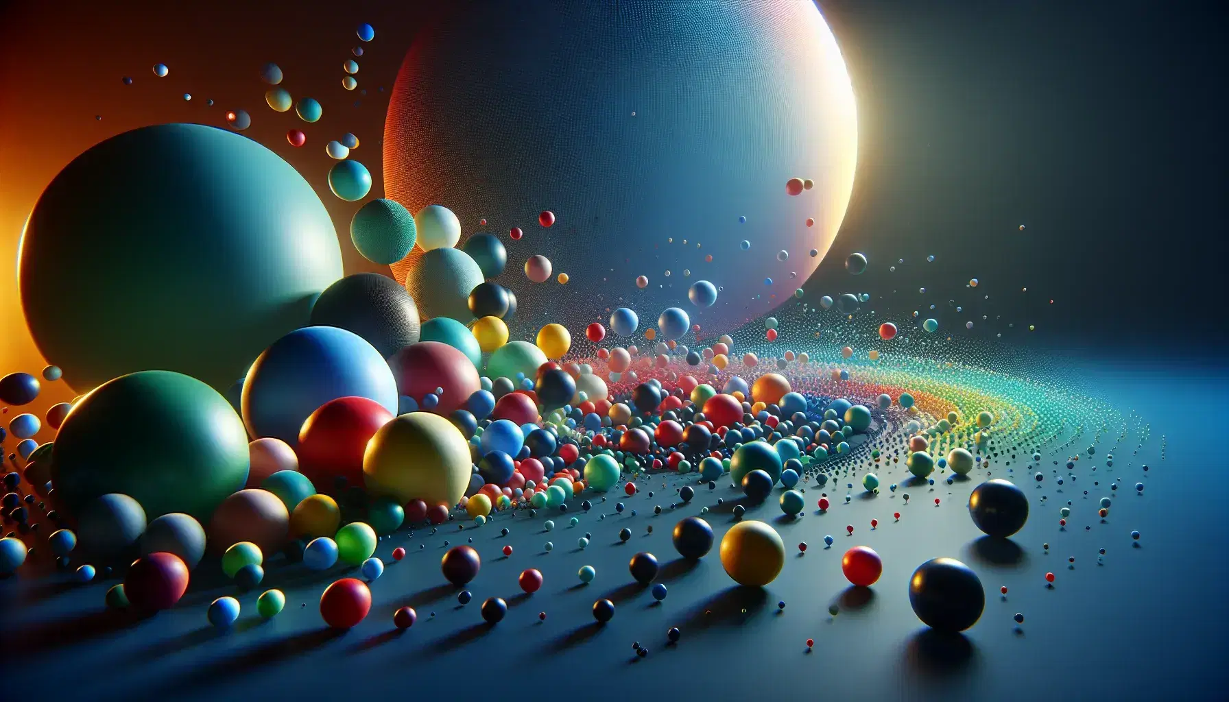 Esferas multicolores flotantes en un espacio tridimensional con degradado de azul a negro, evocando movimiento y armonía sin fuentes de luz visibles.
