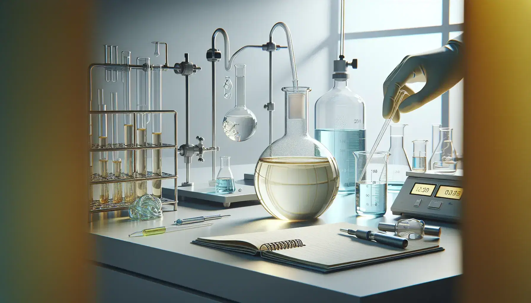 Laboratory with round bottom flask containing pale yellow liquid connected to a condenser, various tools and open notebook.