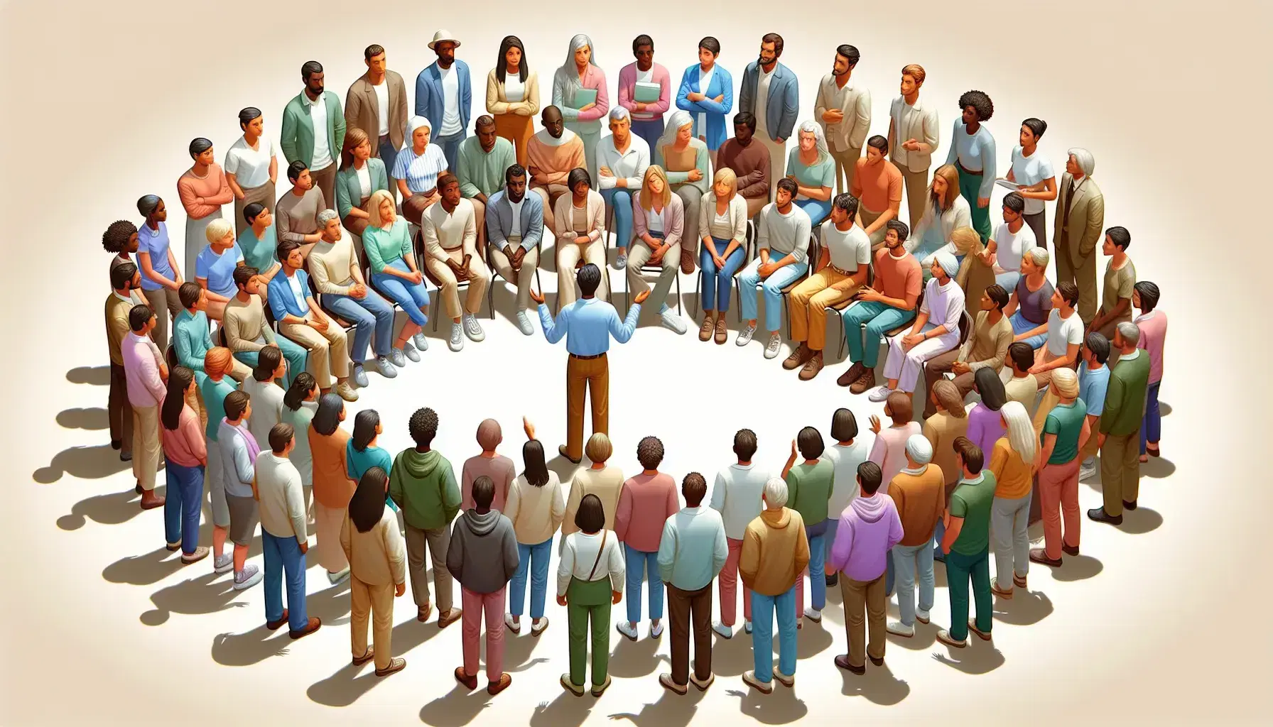 Grupo diverso de personas escuchando atentamente a un orador que gesticula, en un ambiente interior neutro que sugiere una reunión o clase.
