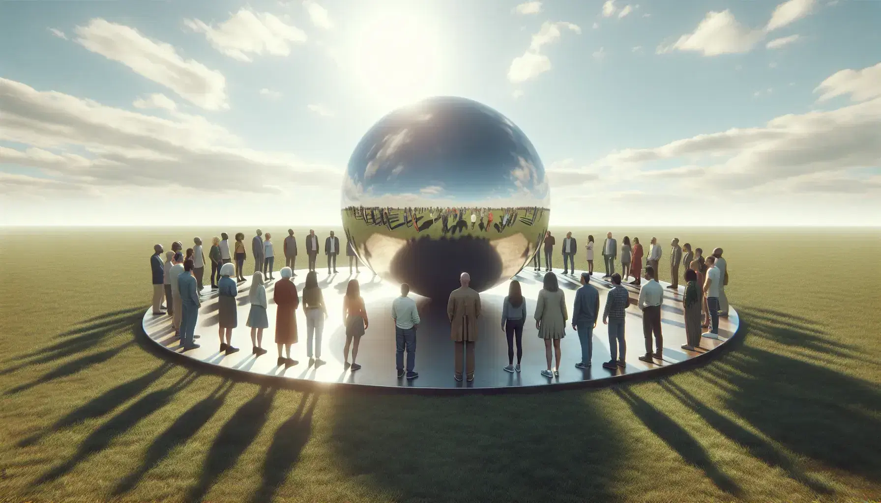 Grupo diverso de personas interactuando alrededor de una esfera metálica reflectante en un parque con césped verde y cielo azul.