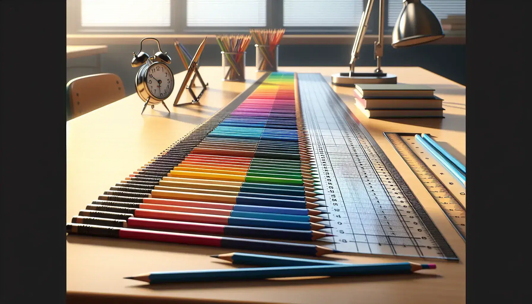 Matite colorate in ordine cromatico su banco scolastico con righello trasparente e compasso blu, illuminazione naturale.