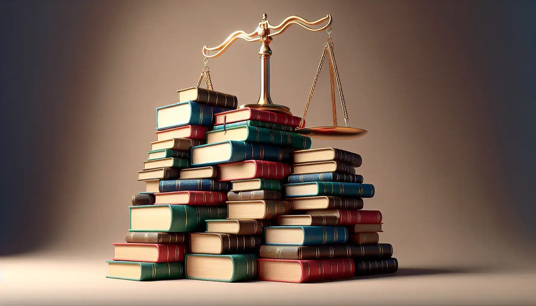 Libros apilados en forma de escalera con una balanza de justicia dorada en equilibrio en la cima, sobre fondo neutro.