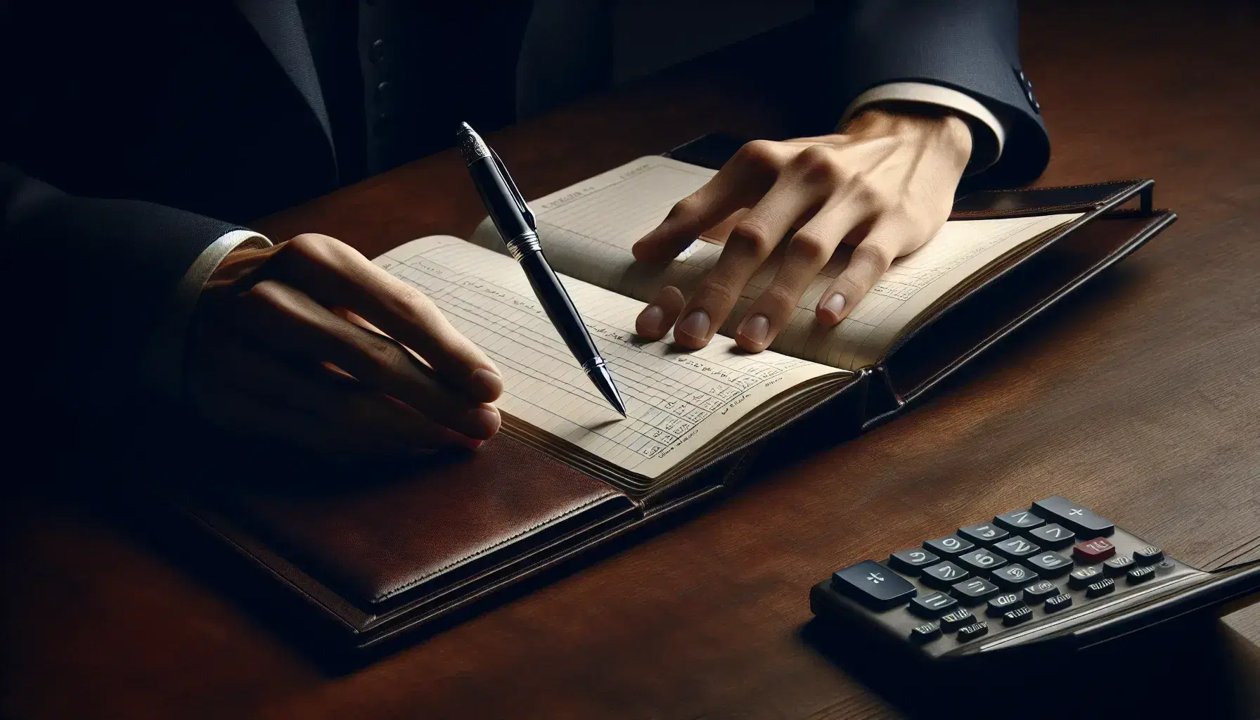 Close-up view of hands holding a pen above a blank ledger on a wooden desk, with a calculator to the side, ready for financial recording.