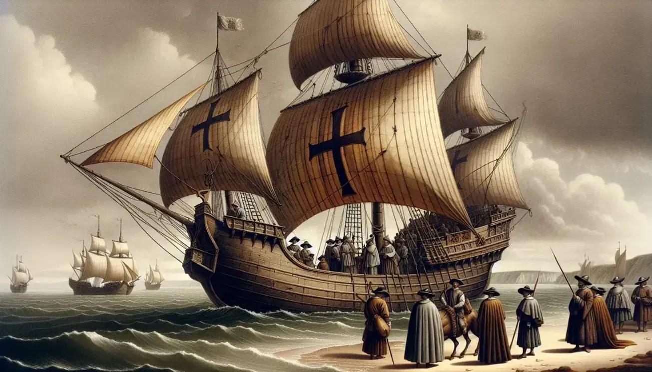 Portuguese caravel at sea with sails unfurled, crew working on deck, and a missionary holding a cross, approaching a tropical coastline under a clear blue sky.