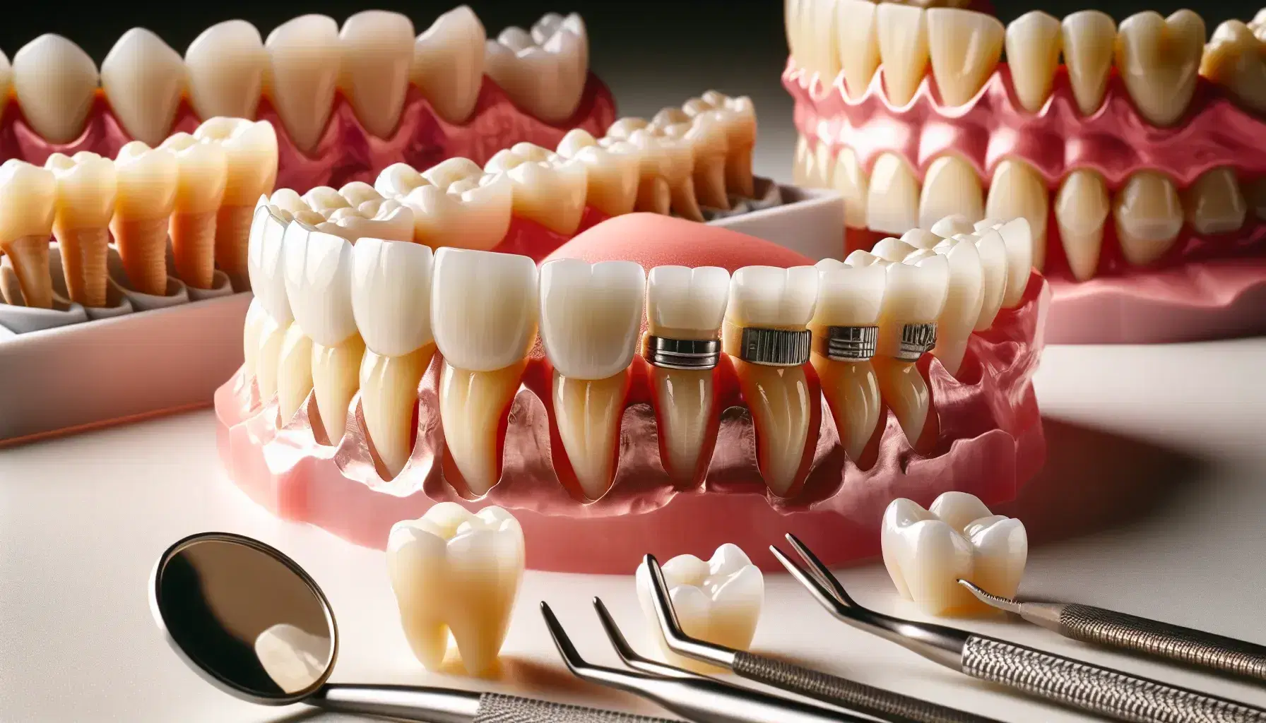 Protesi dentale completa con denti artificiali su base rosa, corone singole traslucide e opache, e parziale removibile con ganci metallici su superficie bianca.