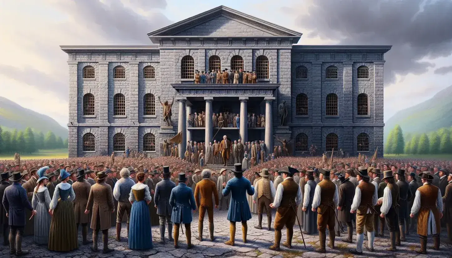 Escena histórica del siglo XVIII con personas en ropa de época frente a edificio clásico con columnas, destacando un hombre con brazos alzados.