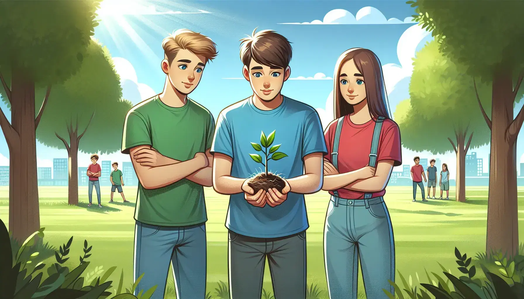 Tres adolescentes colaboran en la plantación de un árbol al aire libre, rodeados de vegetación y bajo un cielo azul despejado.