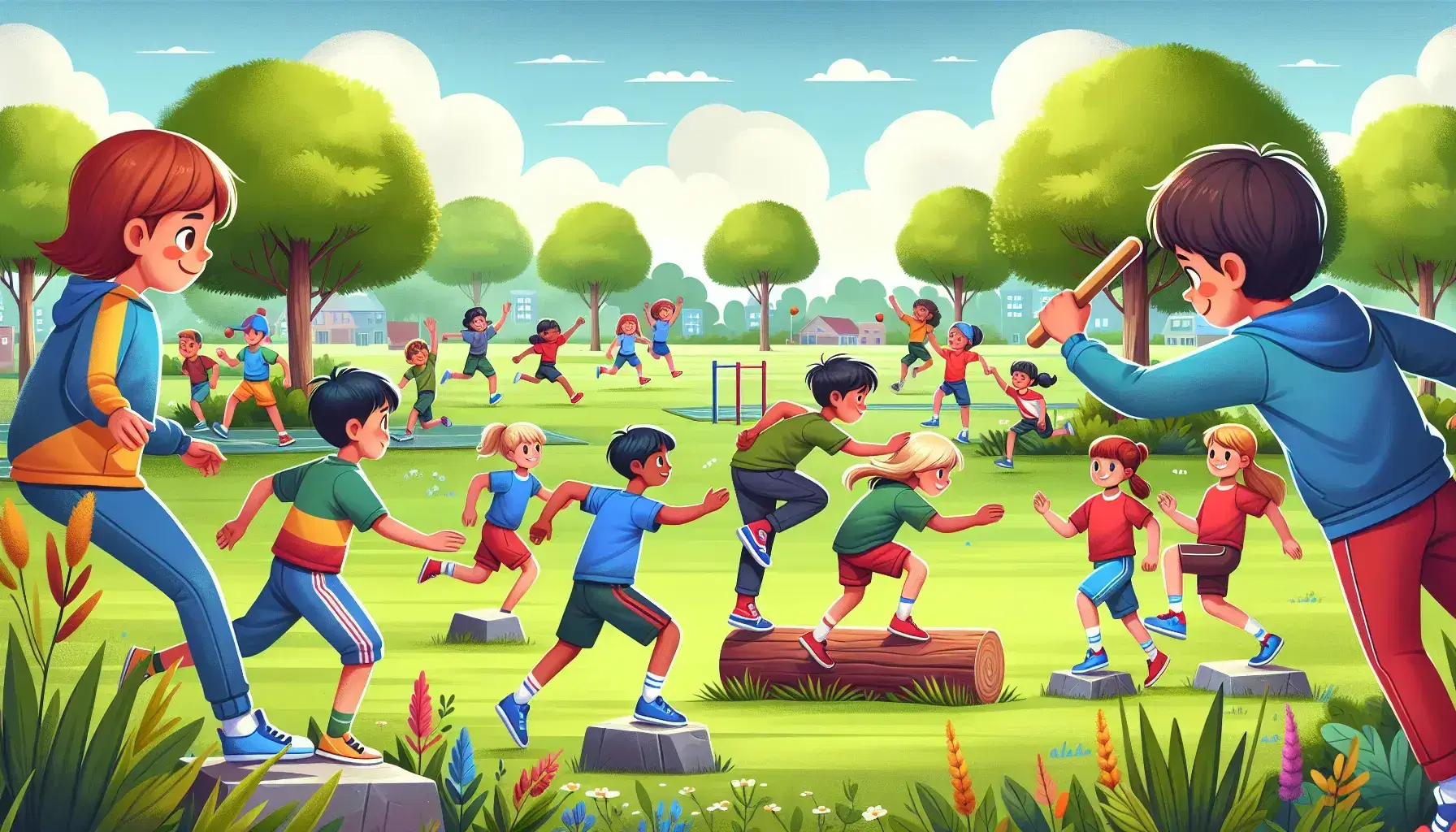 Niños de diversas etnias jugando en parque al aire libre, equilibrándose en troncos y saltando piedras, con árboles verdes y cielo azul.